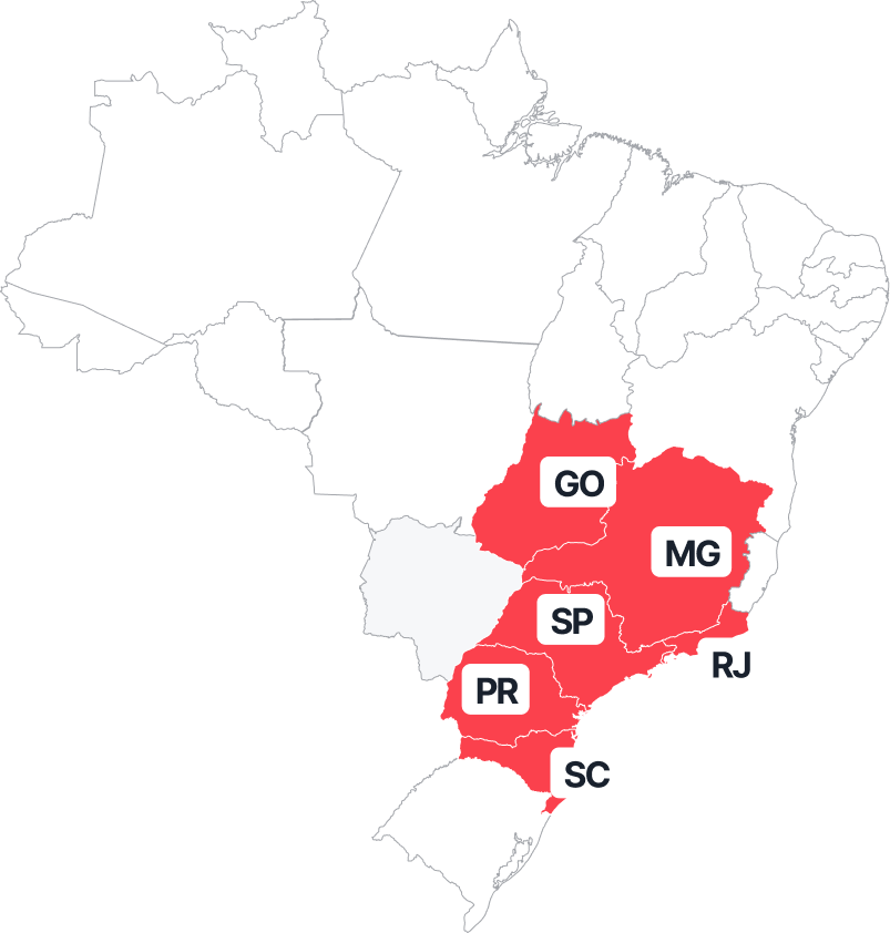 Mapa do Brasil destacando presença da MySide em GO, MG, SP, RJ, PR e SC
